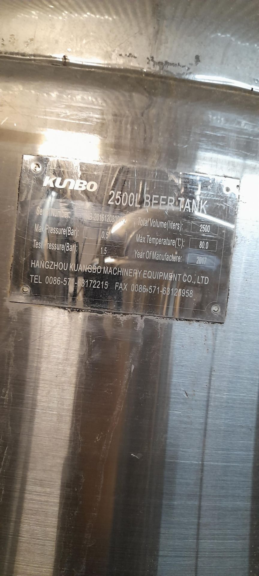 Kunbo 2500Ltr Stainless Steel Fermentation Tank, serial number KB-2016 1208001-2 (2017) (Imported by - Image 5 of 5