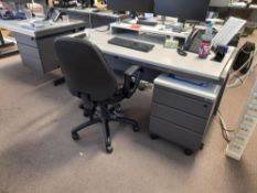 2 x Project single ped desks, with 4 x Various size Project grey tables & 2 x mobile ped drawer