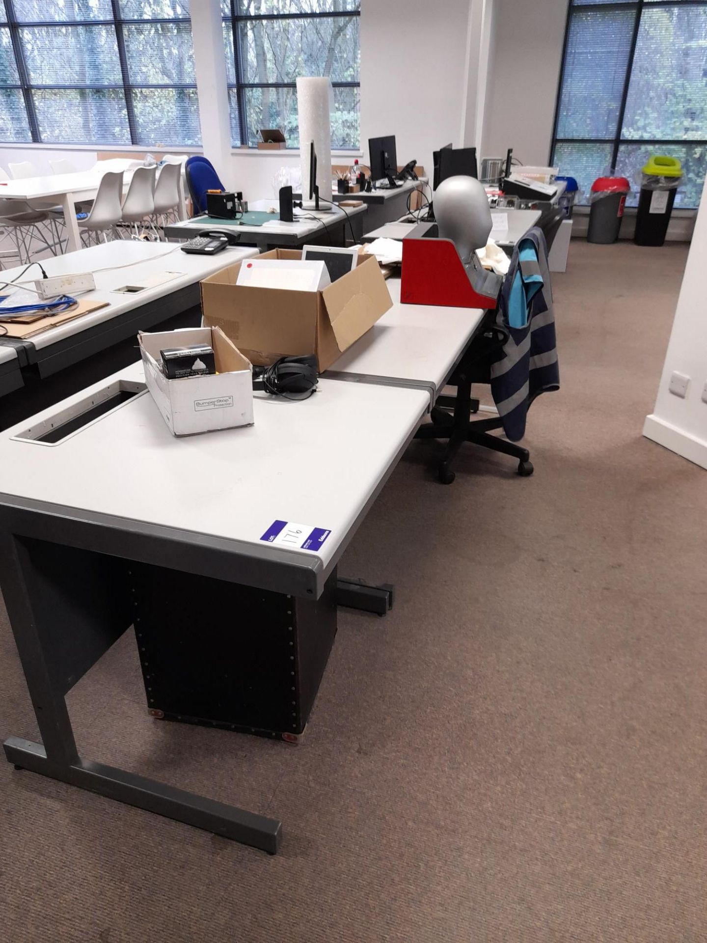 4 x Various size Project grey tables & 2 x mobile ped drawer units (contents excluded) - Image 2 of 5