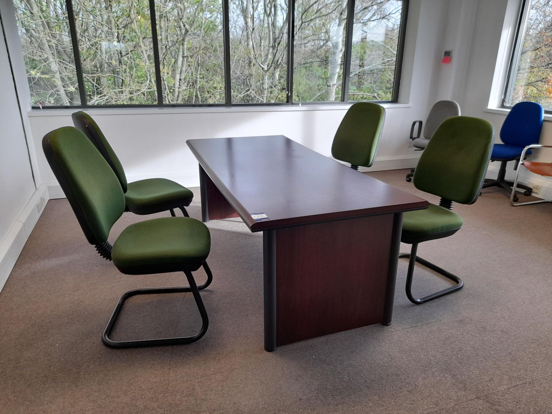 Meeting room table, with 4 x green upholstered chairs (contents excluded)