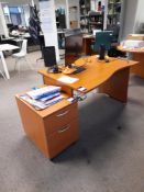3 x Brown wave desks, one with end table, and 2 x various ped drawer units (contents excluded)