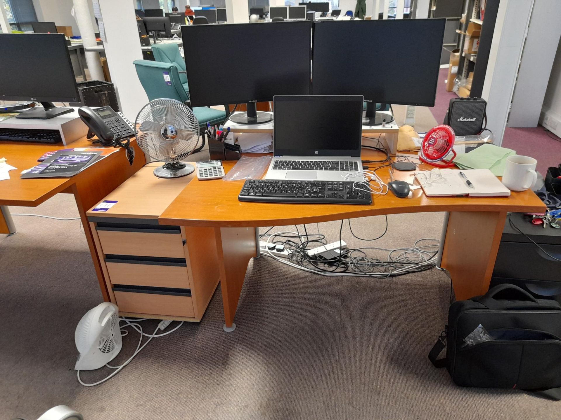 3 x Brown wave desks, one with end table, and 2 x various ped drawer units (contents excluded) - Image 4 of 4