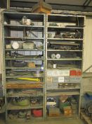 2x metal shelf units and contents- fastenings & finishings, machine parts etc.