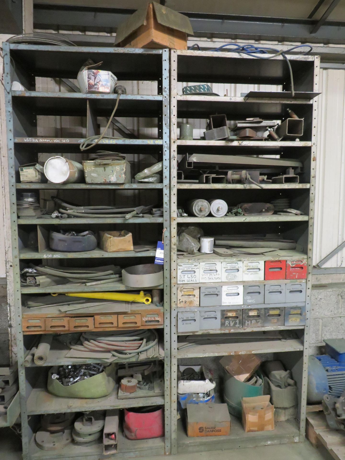 2x metal shelf units and contents- fastenings & finishings, machine parts etc. - Image 2 of 6