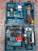 Assortment of electric hand tools to case, to include jigsaw, circular saw, grinder