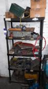 Plastic shelving unit, and contents to include assortment of spare / used components