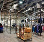 11 bays of garment hanging railing (13ft high) with hanging rails (contents not included)