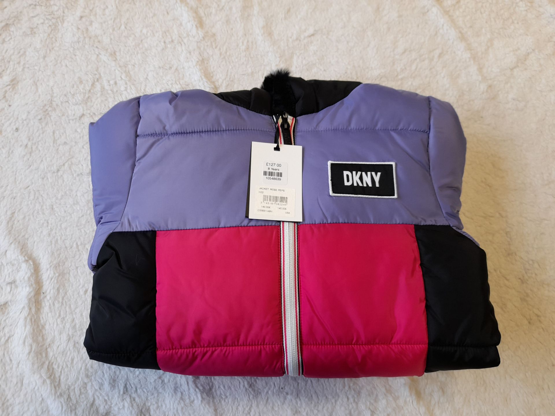 DKNY Pink, Purple & Black Coat, with fleece zipped hood, Age 8 years, RRP £140.00 - Image 3 of 5