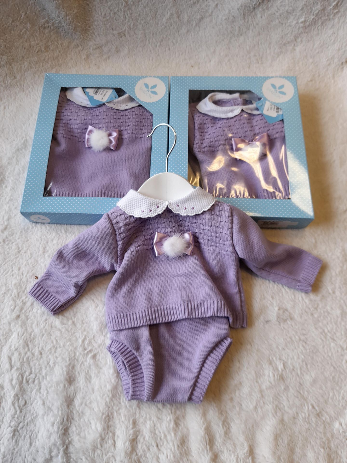 3 x Sardon Purple & White Knitted Long Sleeved Jumper & Knicker set, 2 boxed, (1 x Newborn, 1 x 0