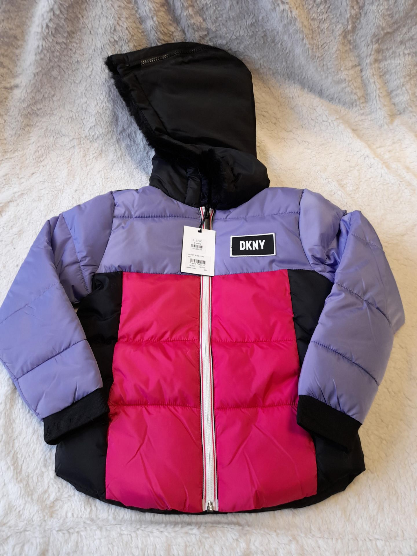 DKNY Pink, Purple & Black Coat, with fleece zipped hood, Age 8 years, RRP £140.00 - Image 4 of 5