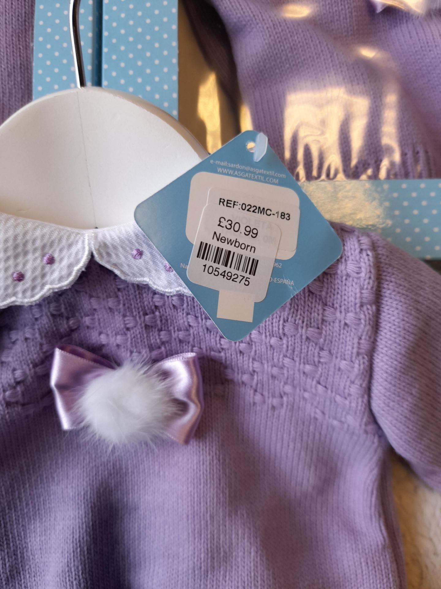 3 x Sardon Purple & White Knitted Long Sleeved Jumper & Knicker set, 2 boxed, (1 x Newborn, 1 x 0 - Image 5 of 6