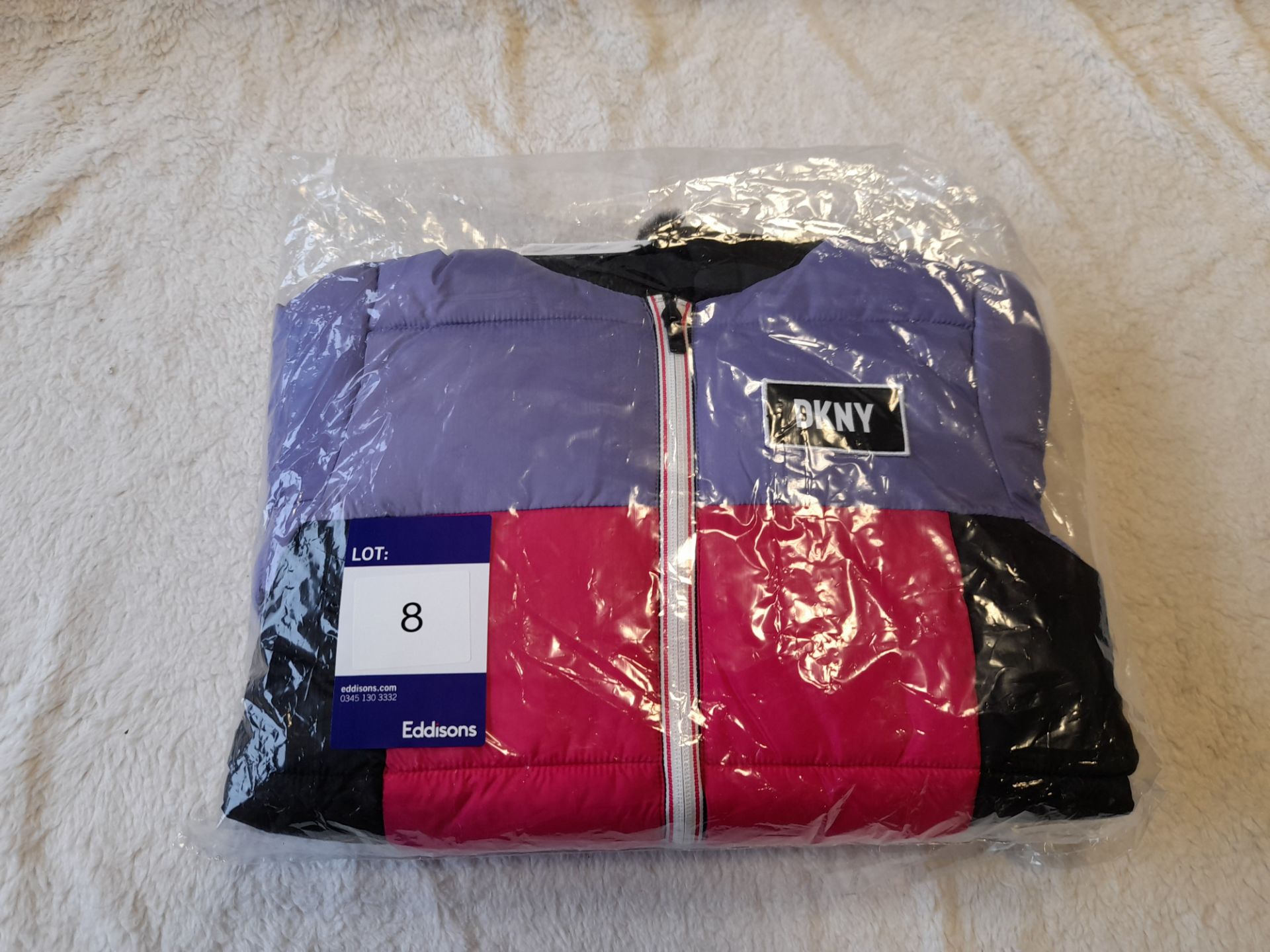 DKNY Pink, Purple & Black Coat, with fleece zipped hood, Age 8 years, RRP £140.00
