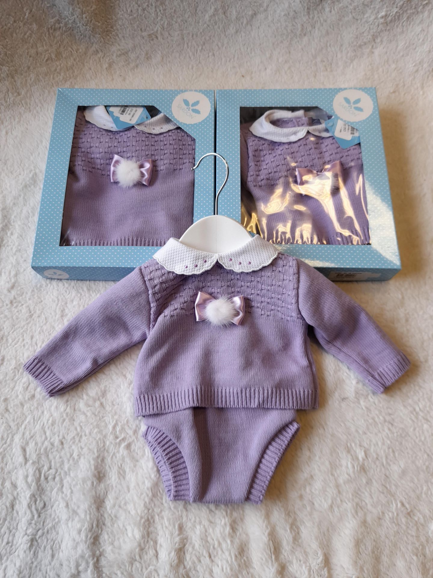 3 x Sardon Purple & White Knitted Long Sleeved Jumper & Knicker set, 2 boxed, (1 x Newborn, 1 x 0 - Image 2 of 6