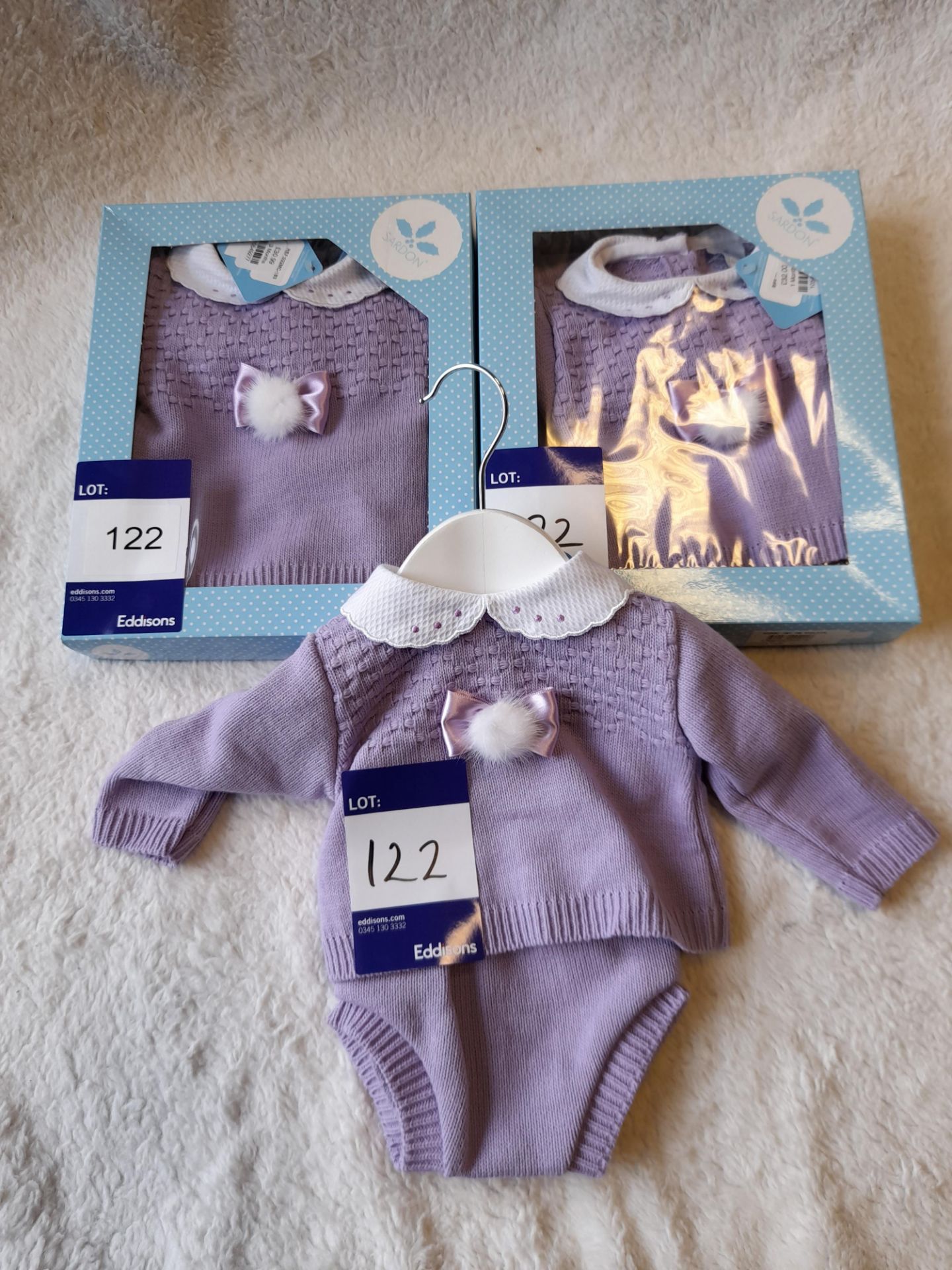 3 x Sardon Purple & White Knitted Long Sleeved Jumper & Knicker set, 2 boxed, (1 x Newborn, 1 x 0 - Image 6 of 6