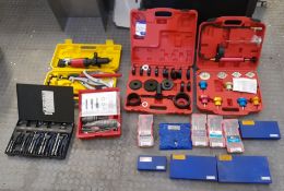 Assortment of tooling and testing equipment, as lotted, including micrometers, thread repair kits