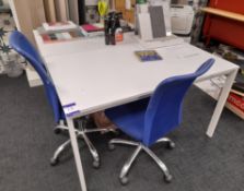 Pair of white desks (Approx. 1250 x 750), with 2 x blue upholstered operators chairs
