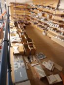 Large quantity of assorted tile stock to mezzanine, and ground floor wooden wall shelving, various