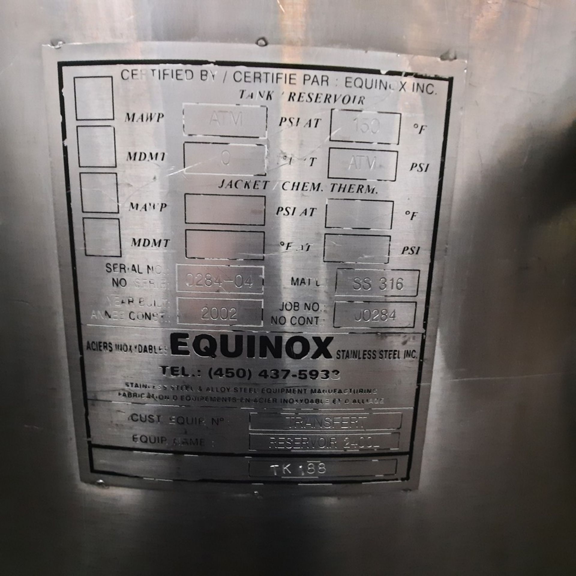 Stainless Steel Tank/Reservoir, 2,000 LITRES EQUINOX 2009 - Image 3 of 7