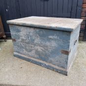 A substantial Victorian painted pine blanket box, distressed powder blue appearance c.1860