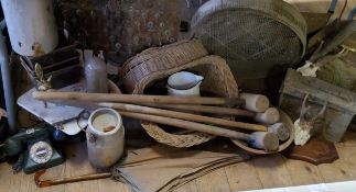 Boxes & Objects - Salvage - aluminum milk churns; croquet set; wicker basket; stove; butcher's