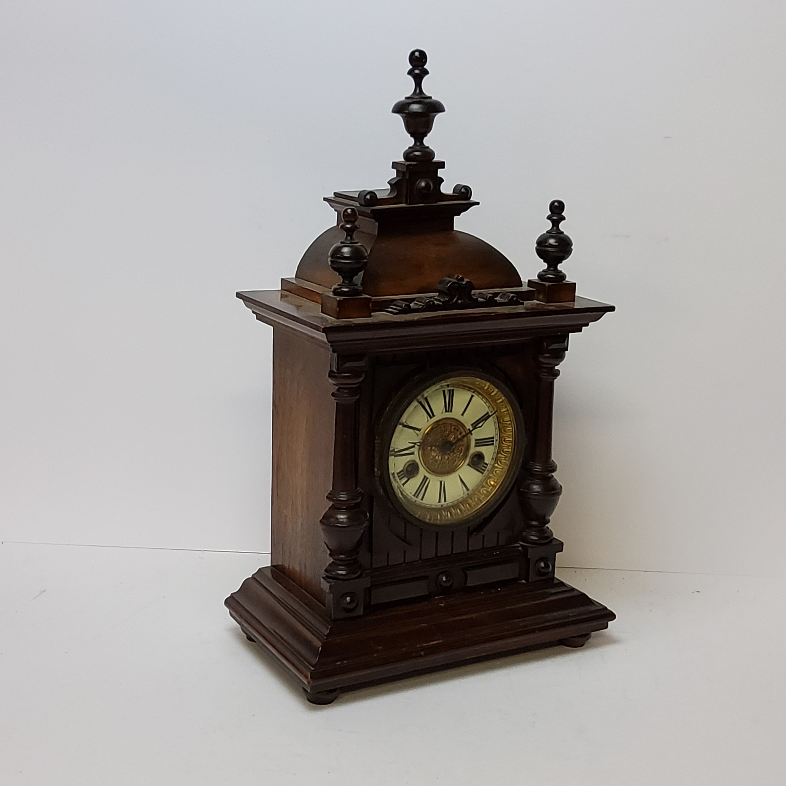 A walnut cased H.A.C. 14 day strike mantel clock, striking on a coiled gong. bevelled glass - Image 4 of 6