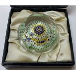 A Whitefriars millefiori faceted paperweight, 6cm diameter, original presentation box