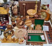 Treen - mahogany mancala board game with marble stones; fruit models; ships stern nut cracker;