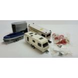 A Scalextric compatible track caravan, Police Command Unit, trailer & boat and horse box with