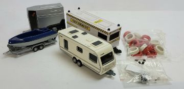 A Scalextric compatible track caravan, Police Command Unit, trailer & boat and horse box with
