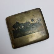 A Middle Eastern white metal niello cigarette case, obverse depicting village scene and the reverse