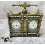 A double cloisonne combination carriage clock and barometer with key, 5'' wide x 5 1/2 '' high x 2