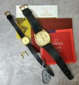 An Omega gentleman's & lady's matching gold plated wristwatches, quartz movement, gold dial, black