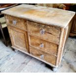 Salvage - a heavily distressed small scumbled oak workshop drawers, original Victorian glass handles