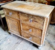 Salvage - a heavily distressed small scumbled oak workshop drawers, original Victorian glass handles