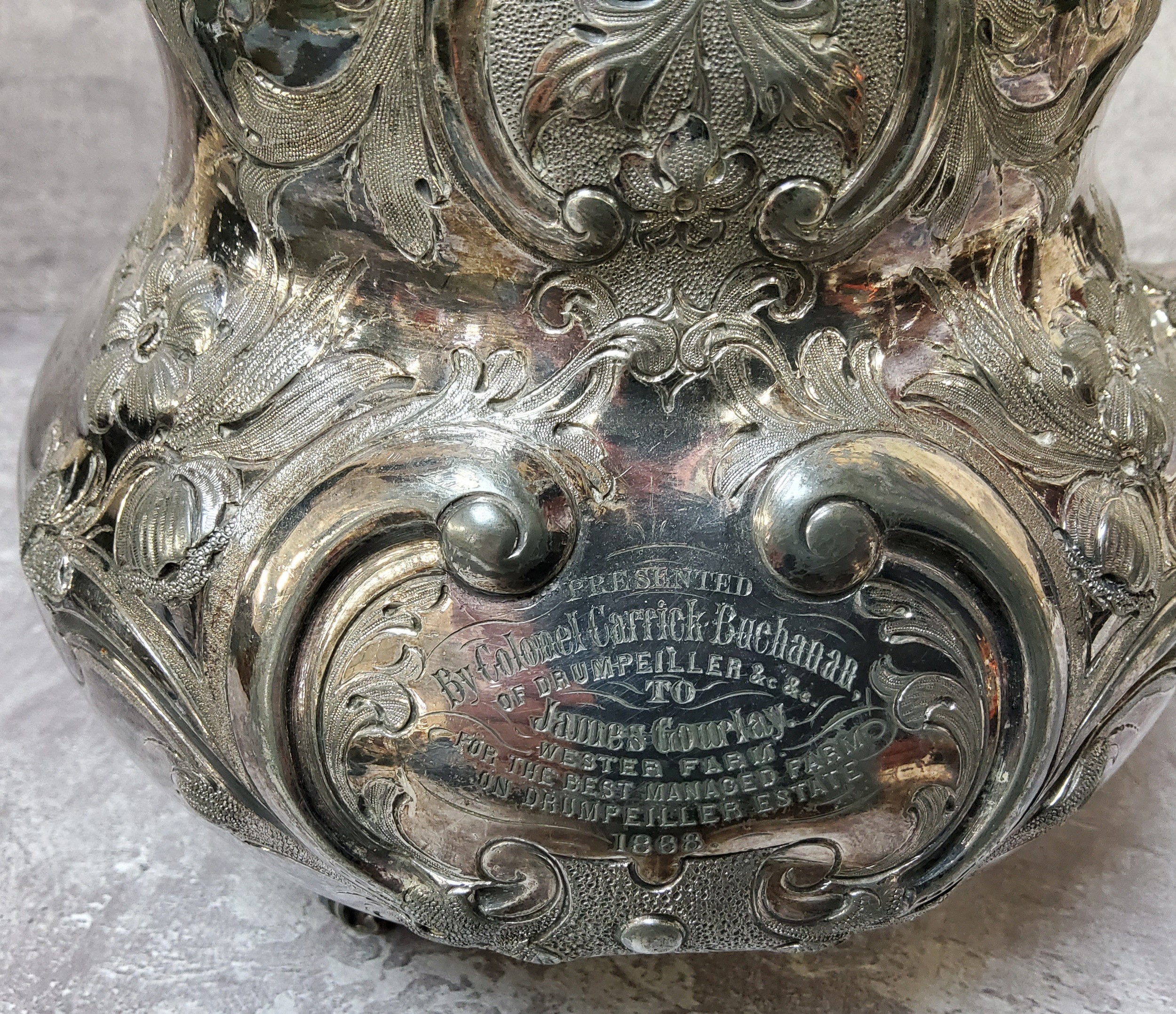 Scottish Interest - An Old Sheffield plate tea kettle, 'Presented by Colonel Carrick Buchanan to - Image 2 of 2