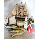 Nautical Interest - Cutty Sark ship model, lighthouses, polychrome painted carved wooden fish,