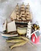 Nautical Interest - Cutty Sark ship model, lighthouses, polychrome painted carved wooden fish,