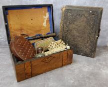 A Victorian Tunbridge ware work box, early 20th century union jack pin cushion; silver thimble,