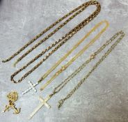 A 9ct gold micro curb necklace, 9ct gold cross set with white stones; a 9ct gold belcher chain &