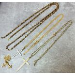 A 9ct gold micro curb necklace, 9ct gold cross set with white stones; a 9ct gold belcher chain &