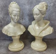 A pair of museum type Parian busts of elegant ladies in fanciful dress