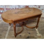 A good reproduction walnut and mahogany coffee table, satinwood and burr walnut marquetry surface in
