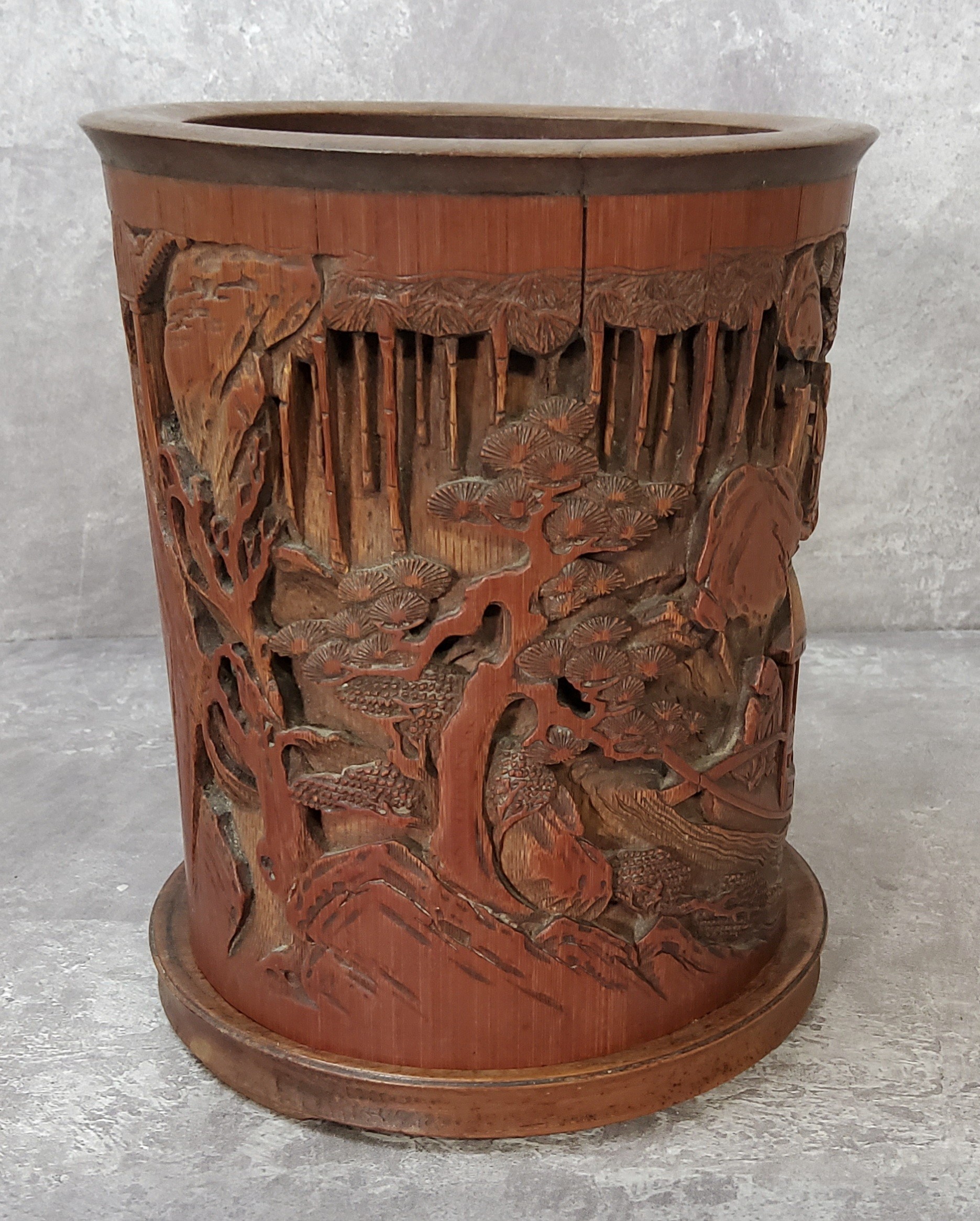 A Chinese bamboo 'scholars' brush pot, Bitong, the cylindrical brushpot is supported on three - Image 3 of 3