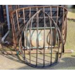 Salvage - A 19th century wrought iron hay rack, another corner feeder; oxidised copper trays;
