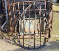 Salvage - A 19th century wrought iron hay rack, another corner feeder; oxidised copper trays;