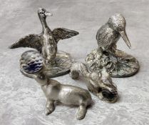 A silver miniature of a Kingfisher, Camelot Silver, Sheffield, 2006 (filled); another of duck with