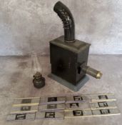 A Victorian magic lantern with original burner, embossed JF, 12 Foto-Fantom Photographic scenic