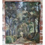 Interior Design - a mid century oil on canvas of a woodland pathway, signed Savage 62cm x 51cm