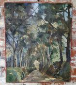 Interior Design - a mid century oil on canvas of a woodland pathway, signed Savage 62cm x 51cm