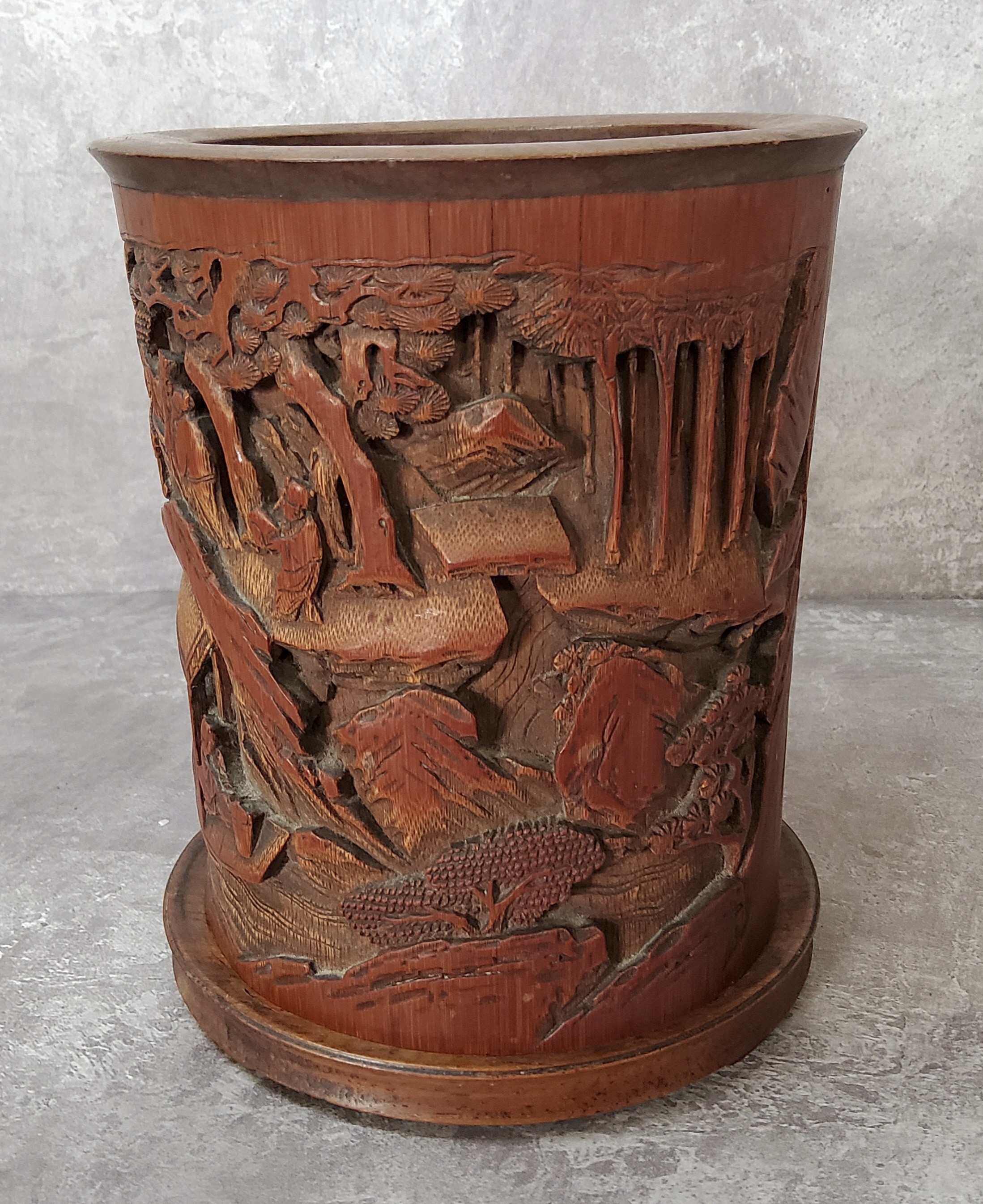 A Chinese bamboo 'scholars' brush pot, Bitong, the cylindrical brushpot is supported on three - Image 2 of 3